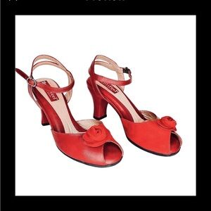 BeautiFeel Peep Toe Sling Back Flower Rosette Heels Red